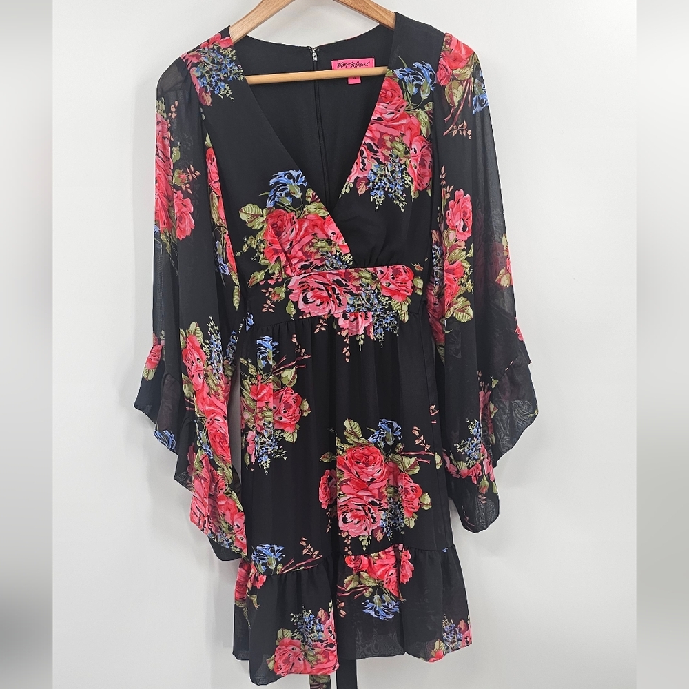 Floral Black Dress with Red and Pink Roses Size 10 - Picture 1 of 11